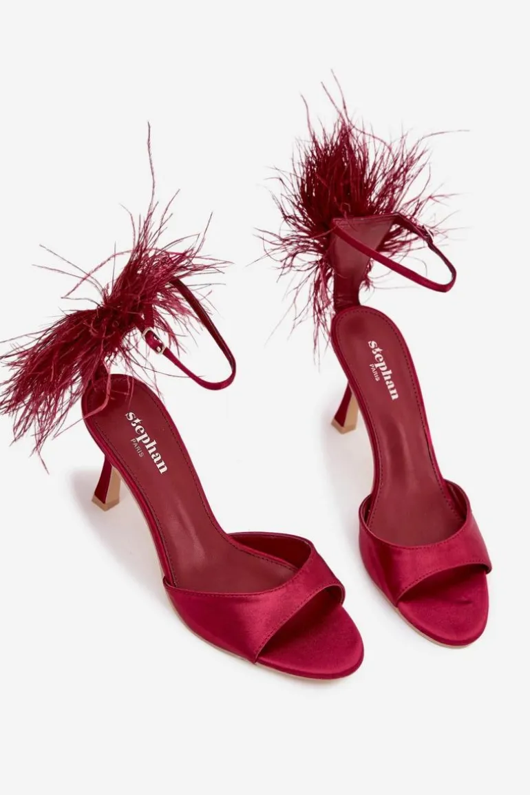 Sandały Na Szpilce Z Piórami Bordowe Caelina
