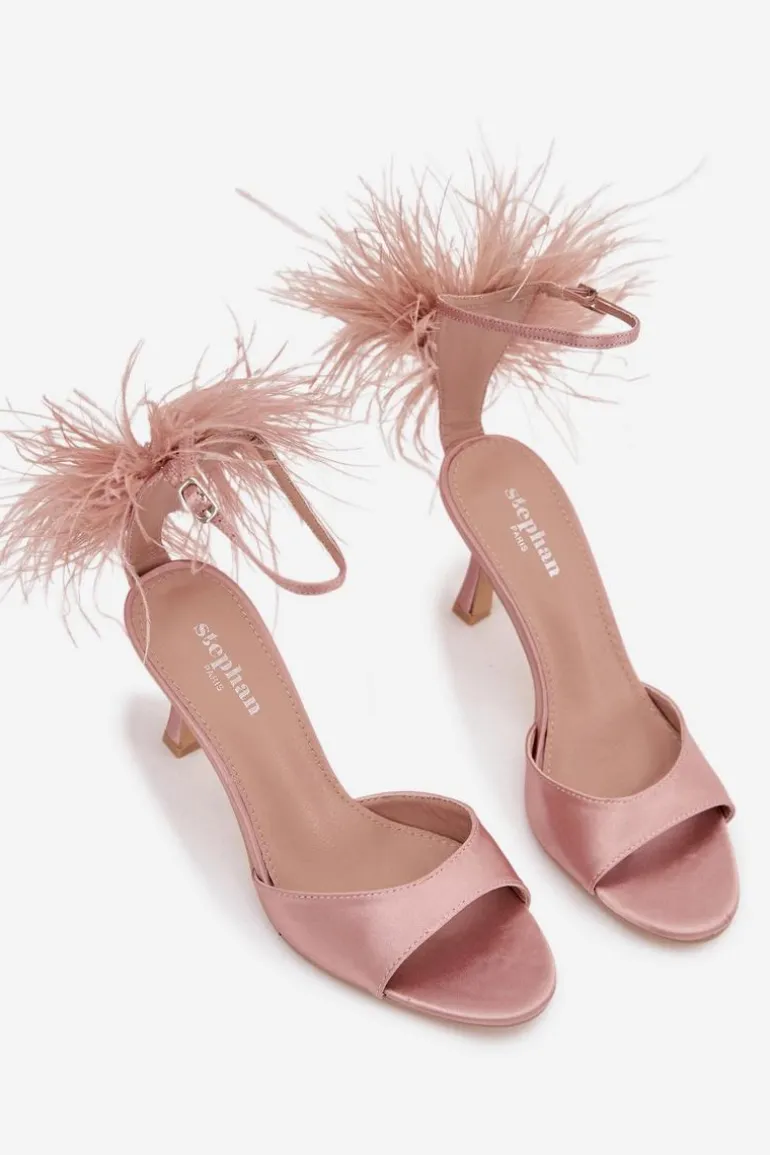 Sandały Na Szpilce Z Piórami Brudny Róż Caelina