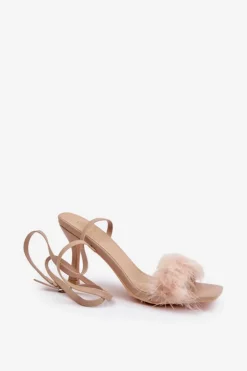 Sandały Na Szpilce Z Piórami Beżowe Emilettra