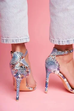 Sandały Na Szpilce Z Wężowym Wzorem Lu Boo Niebieskie