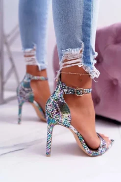 Sandały Na Szpilce Z Wężowym Wzorem Lu Boo Zielone