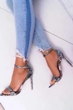 Sandały Na Szpilce Z Wężowym Wzorem Lu Boo Zielone