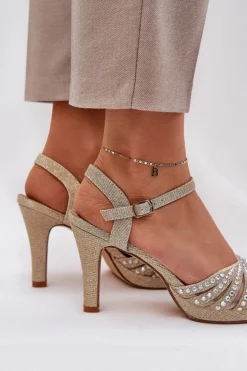 Sandały Na Szpilce Ze Zdobieniem I Brokatem D&A MR1038-33 Złote