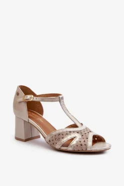 Sandały Skórzane Damskie Na Obcasie Maciejka 06551-04 Beżowo-Złote