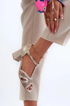 Sandały Skórzane Damskie Na Obcasie Maciejka 06551-04 Beżowo-Złote