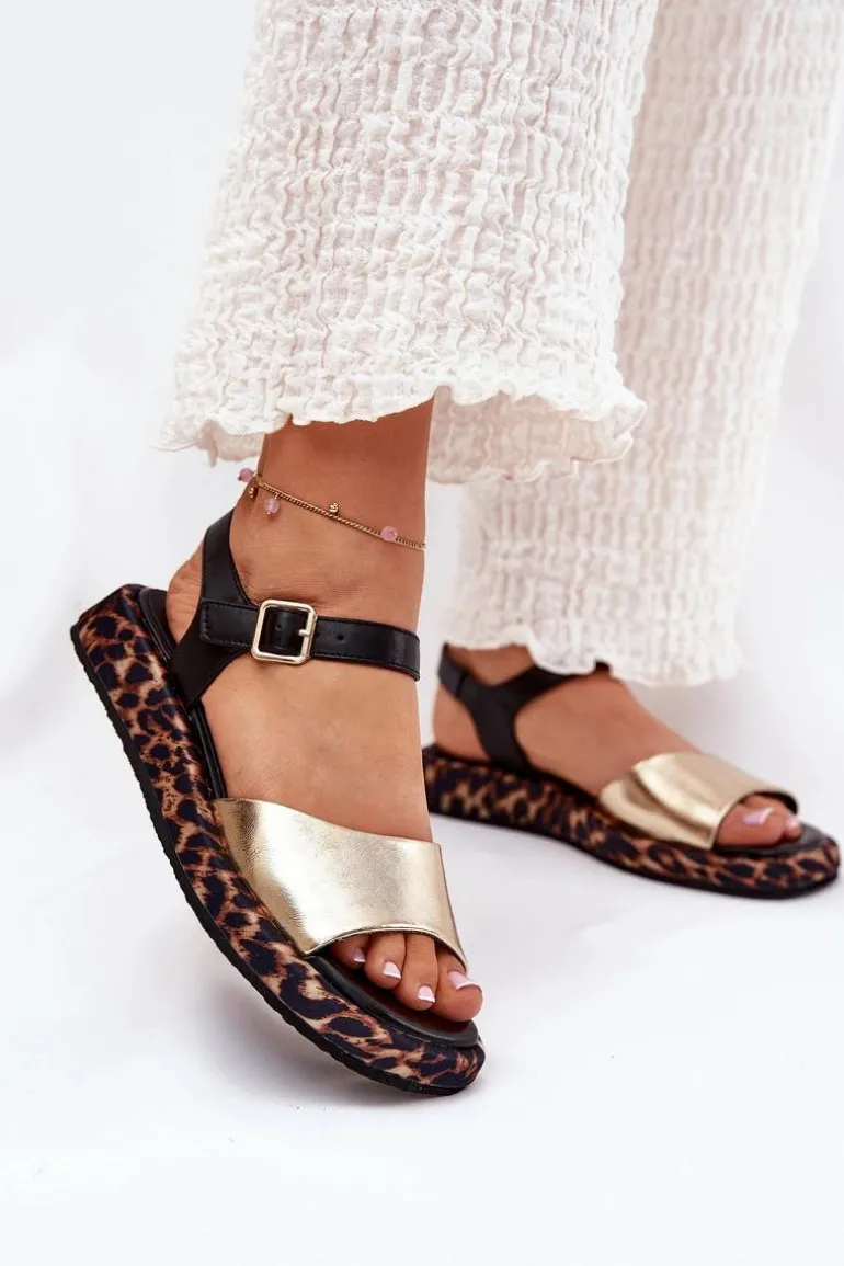 Sandały Skórzane Damskie Na Platformie Z Panterką S.Barski JC51-347 Złote