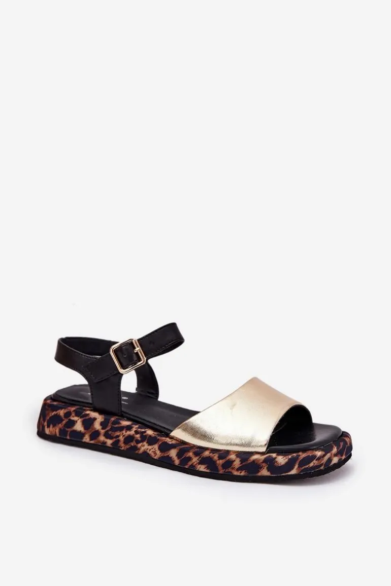 Sandały Skórzane Damskie Na Platformie Z Panterką S.Barski JC51-347 Złote