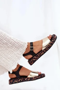 Sandały Skórzane Damskie Na Platformie Z Panterką S.Barski JC51-347 Złote