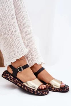 Sandały Skórzane Damskie Na Platformie Z Panterką S.Barski JC51-347 Złote