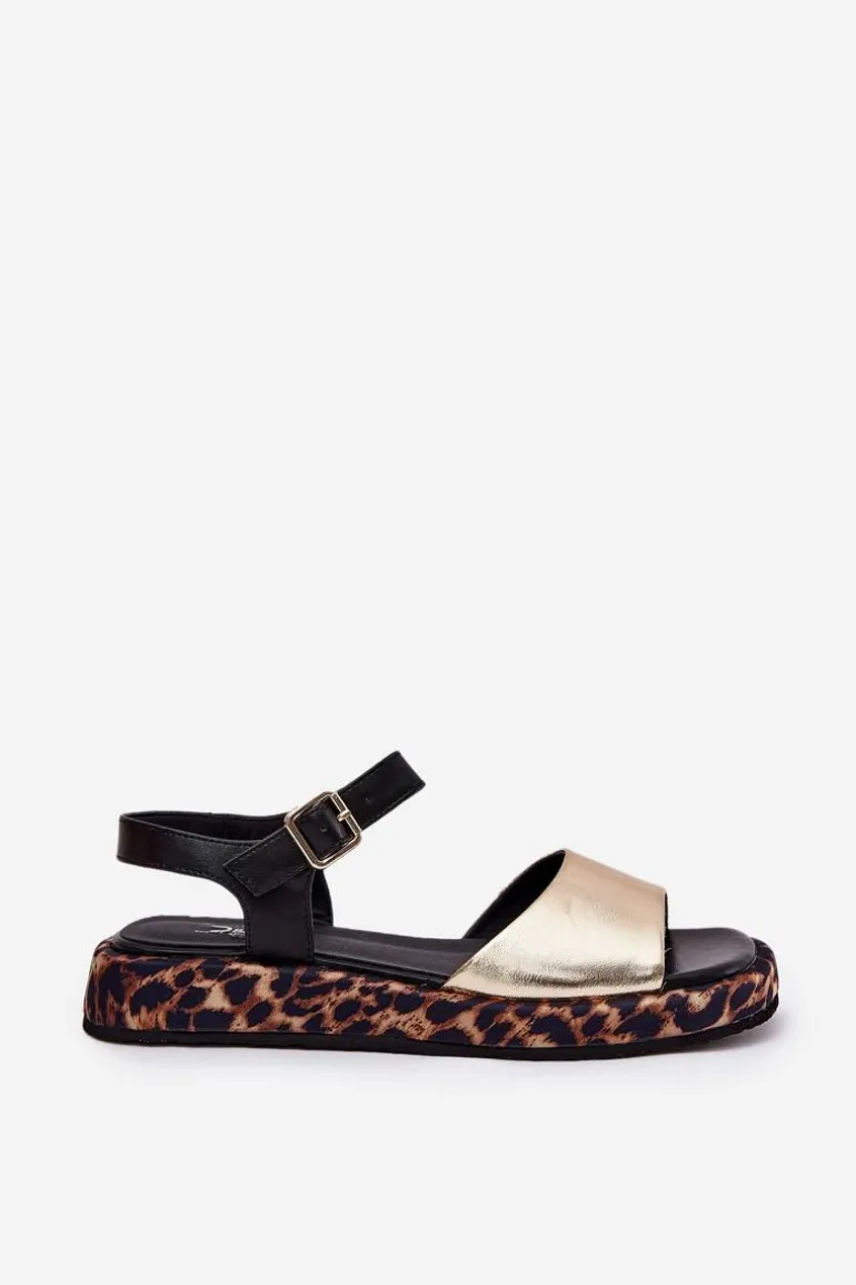 Sandały Skórzane Damskie Na Platformie Z Panterką S.Barski JC51-347 Złote