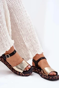 Sandały Skórzane Damskie Na Platformie Z Panterką S.Barski JC51-347 Złote