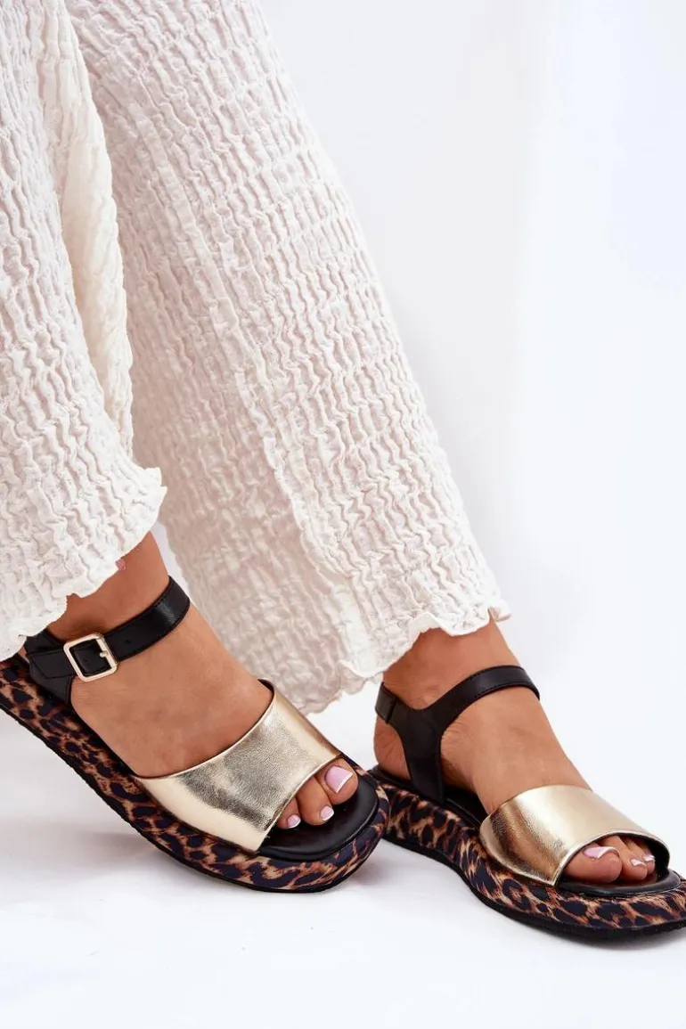 Sandały Skórzane Damskie Na Platformie Z Panterką S.Barski JC51-347 Złote