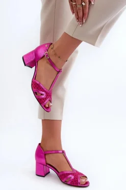 Sandały Skórzane Damskie Na Obcasie Maciejka 06551-15 Fuksja