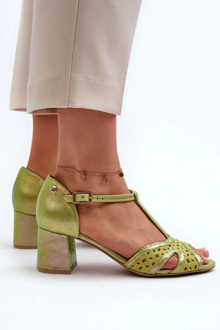 Sandały Skórzane Damskie Na Obcasie Maciejka 06551-09 Limonkowe