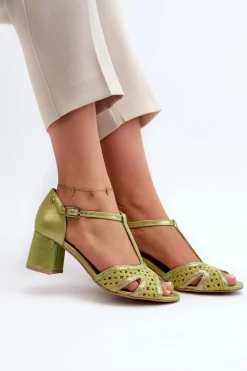 Sandały Skórzane Damskie Na Obcasie Maciejka 06551-09 Limonkowe