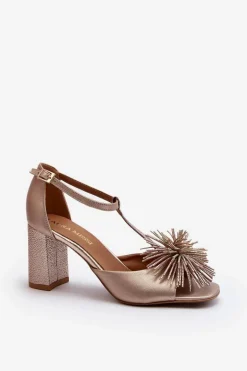 Sandały Skórzane Na Słupku Z Ozdobą Laura Messi 2758 Złote