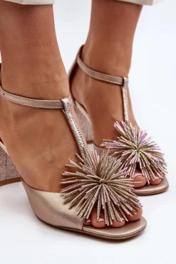 Sandały Skórzane Na Słupku Z Ozdobą Laura Messi 2758 Złote