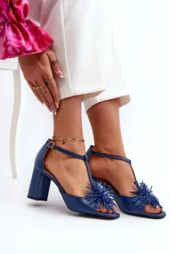 Sandały Skórzane Na Słupku Z Ozdobą Laura Messi 2758 Granatowe