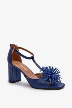 Sandały Skórzane Na Słupku Z Ozdobą Laura Messi 2758 Granatowe
