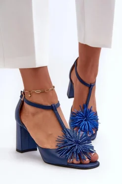 Sandały Skórzane Na Słupku Z Ozdobą Laura Messi 2758 Granatowe