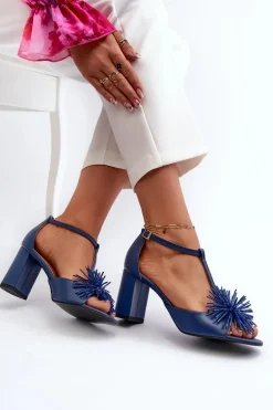 Sandały Skórzane Na Słupku Z Ozdobą Laura Messi 2758 Granatowe
