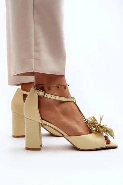 Sandały Skórzane Na Słupku Z Ozdobą Laura Messi 2758 Beżowe