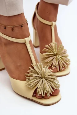 Sandały Skórzane Na Słupku Z Ozdobą Laura Messi 2758 Beżowe