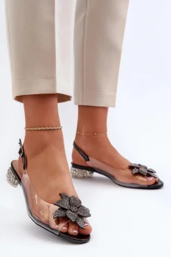 Sandały Transparentne Na Niskim Obcasie Z Ozdobą Czarne D&A MR38-383