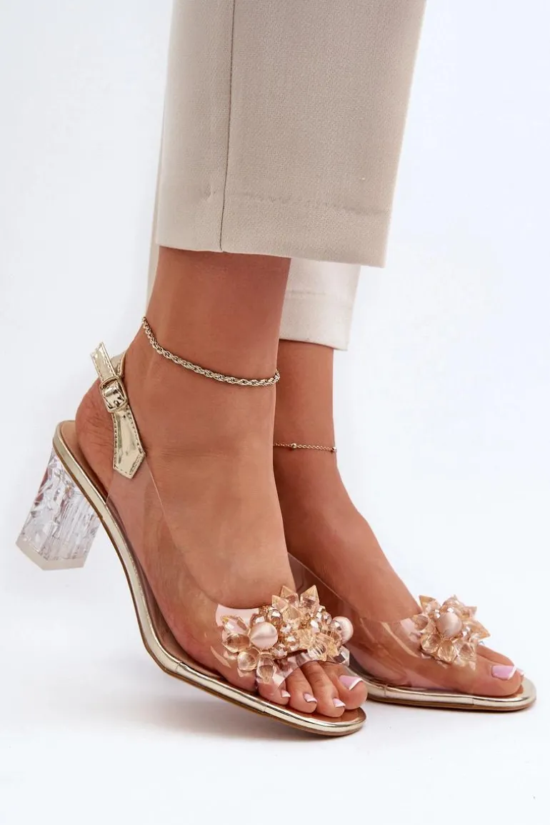 Sandały Transparentne Na Słupku Z Ozdobami Złote D&A MR38-D1