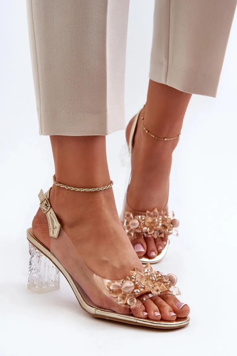 Sandały Transparentne Na Słupku Z Ozdobami Złote D&A MR38-D1