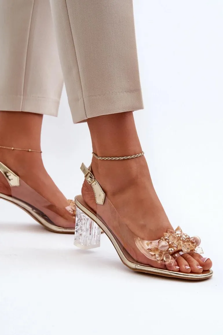 Sandały Transparentne Na Słupku Z Ozdobami Złote D&A MR38-D1