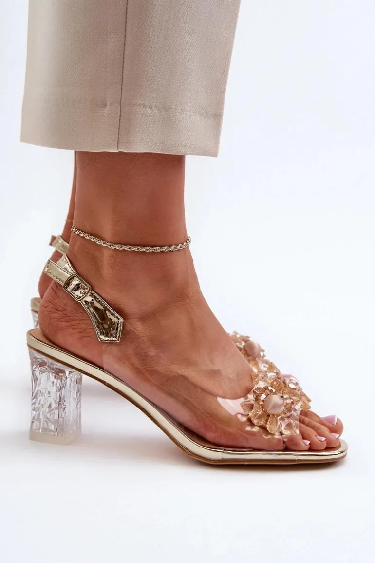Sandały Transparentne Na Słupku Z Ozdobami Złote D&A MR38-D1