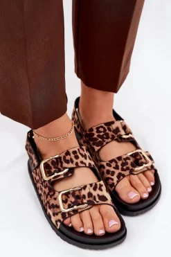 Sandały W Panterkę Damskie Z Klamrami Brązowe Seladith