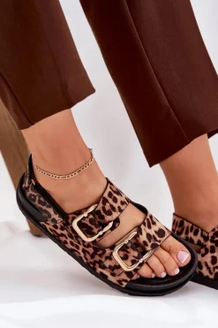 Sandały W Panterkę Damskie Z Klamrami Brązowe Seladith