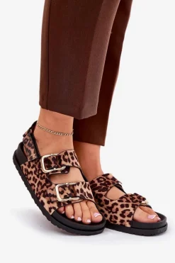 Sandały W Panterkę Damskie Z Klamrami Brązowe Seladith