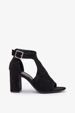 Sandały Z Ażurowym Wzorem Na Słupku Eko Zamszowe Czarne Helori