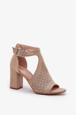Sandały Z Ażurowym Wzorem Na Słupku Eko Zamszowe Beżowe Helori