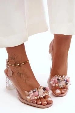 Sandały Zdobione Na Obcasie Różowe S.Barski MR1037-16