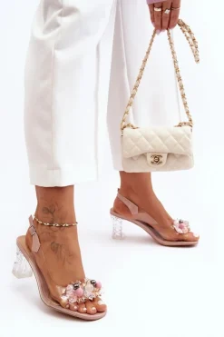 Sandały Zdobione Na Obcasie Różowe S.Barski MR1037-16