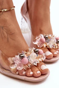 Sandały Zdobione Na Obcasie Różowe S.Barski MR1037-16