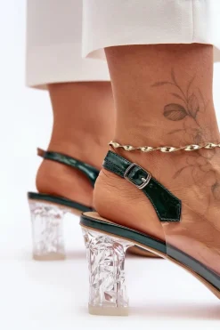 Sandały Zdobione Na Obcasie Ciemnozielone S.Barski MR1037-16