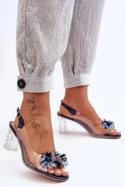 Sandały Zdobione Na Obcasie Granatowe S.Barski MR1037-16