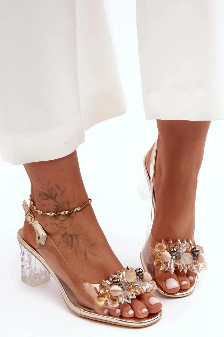 Sandały Zdobione Na Obcasie Złote S.Barski MR1037-16