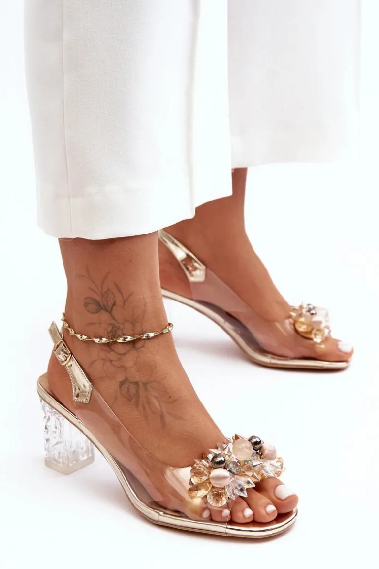 Sandały Zdobione Na Obcasie Złote S.Barski MR1037-16