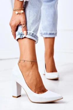 Satynowe Czółenka Lewski Shoes 2453 Srebrne