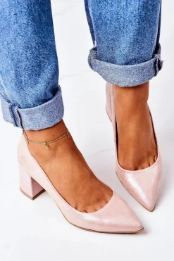 Satynowe Czółenka Lewski Shoes 2801 Różowe