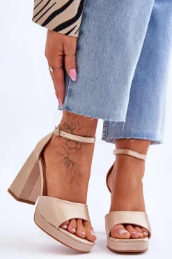 Satynowe Sandałki Na Masywnym Obcasie Beżowe Eternity