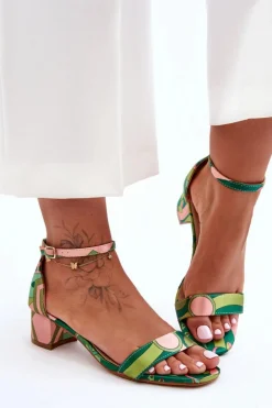 Satynowe Sandałki Na Obcasie We Wzory Zielony Mix Inspire Me!