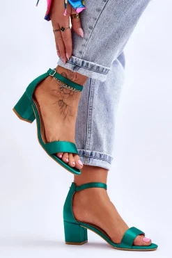 Satynowe Sandały Na Niskim Obcasie Zielone Juliet