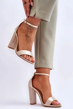 Satynowe Sandały Na Obcasie Beżowe Linsy